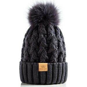 Women’s Dark Grey Winter Ribbed Beanie Hat Chunky Cable Knit Pompom Warm